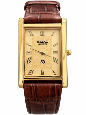 Vintage Seiko Tank watch Gold dial Gold Bezel with Brown Strap
